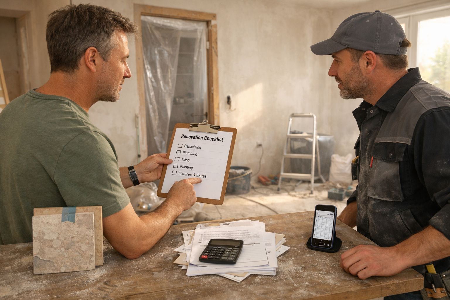 Dois homens discutem lista de verificação de renovação numa obra, com documentos e calculadora na mesa.