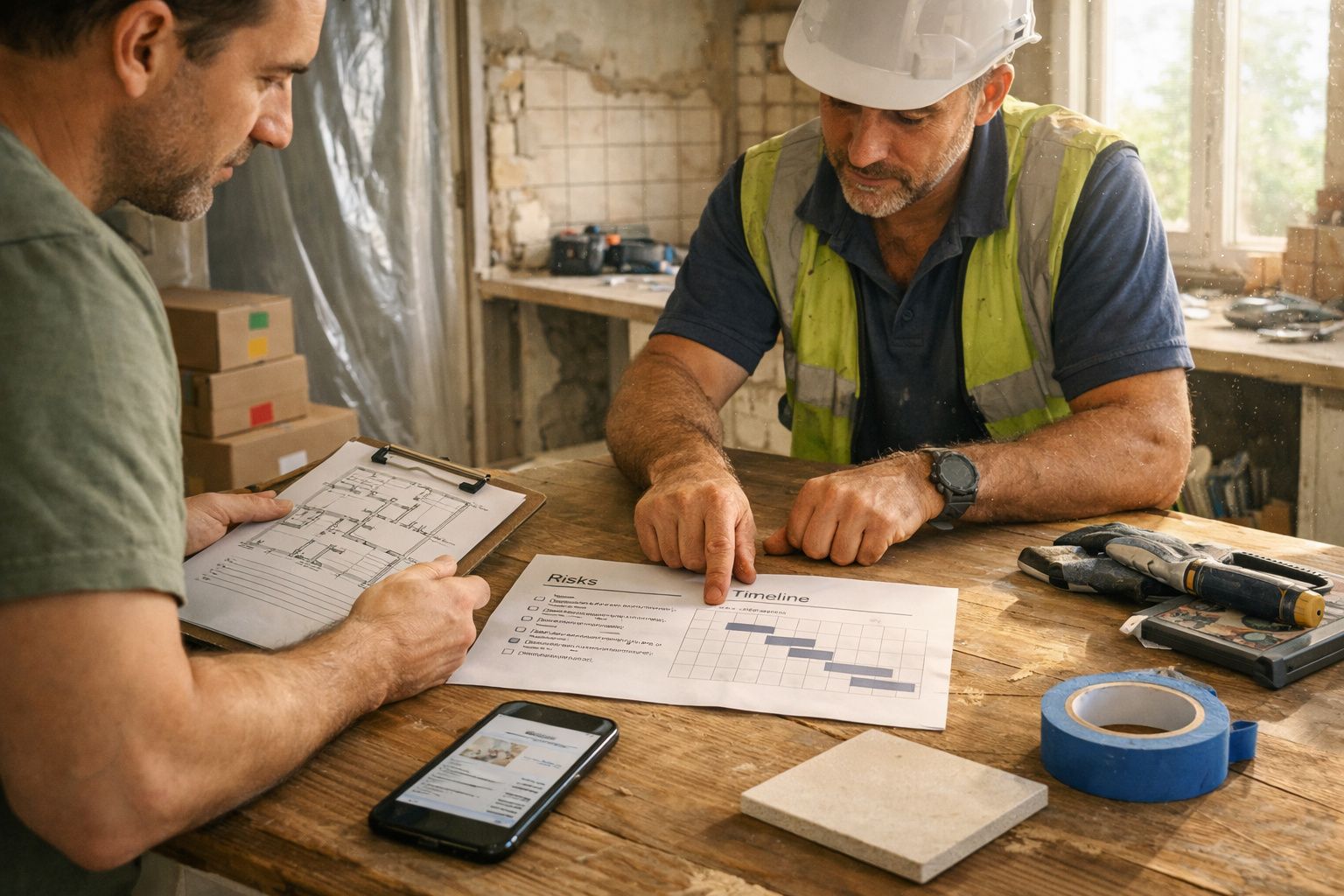 Dois homens analisam planos de construção e cronograma numa mesa de madeira em sala em obra.