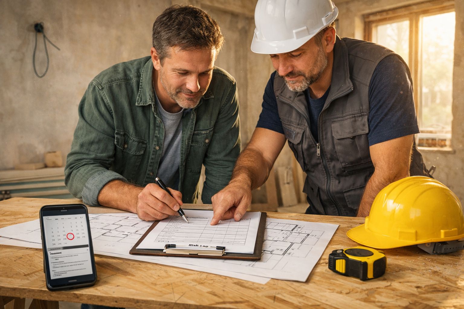 Dois homens analisam plantas e documentos numa oficina, com capacete e fita métrica sobre a mesa.