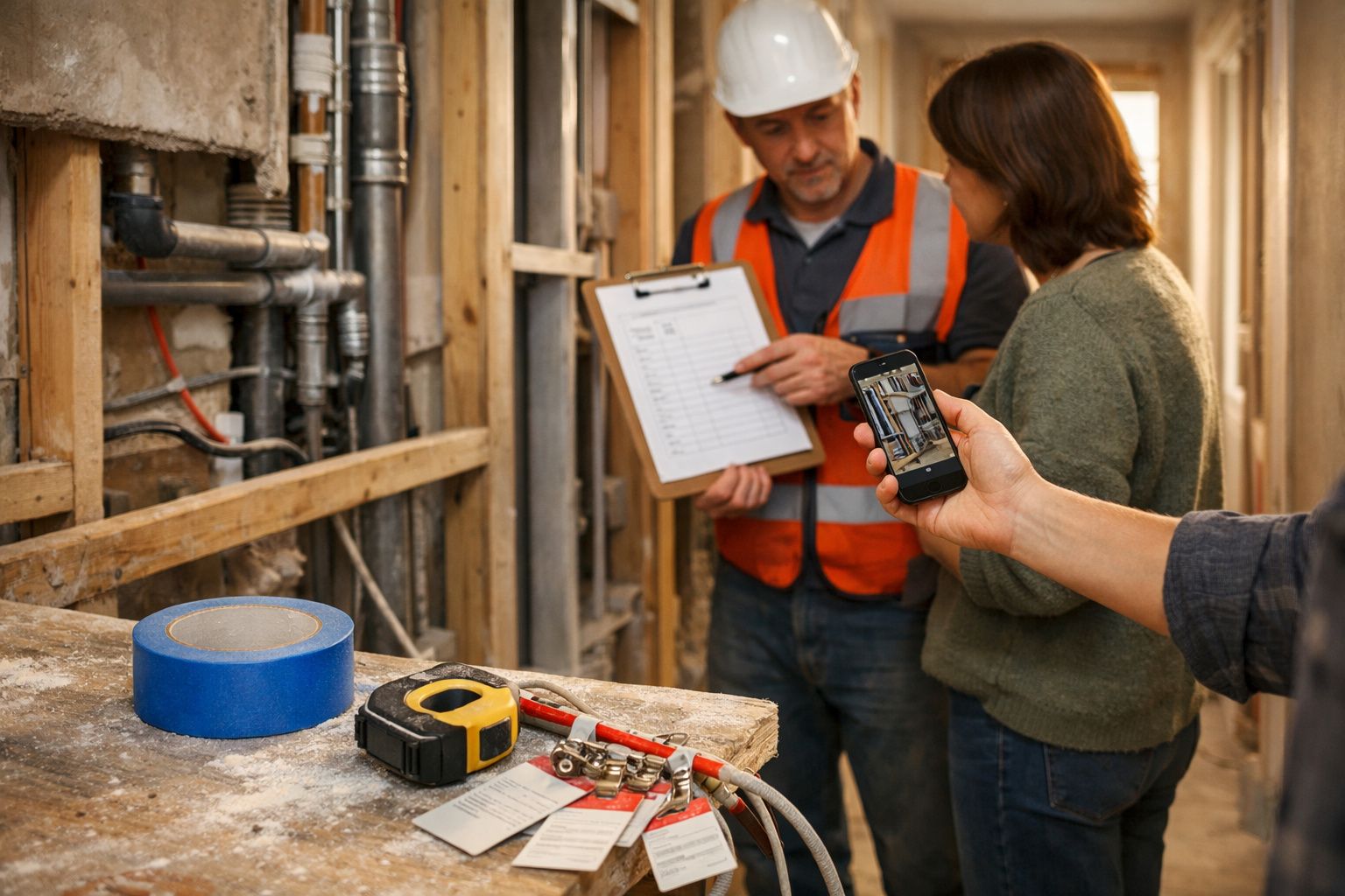 Homem com colete laranja e capacete fala com mulher em obra enquanto outro tira foto com telemóvel.