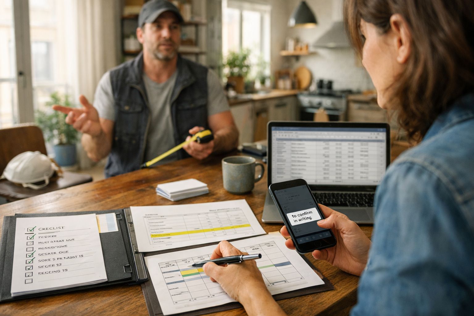 Pessoa analisa documentos numa mesa com portátil, telemóvel e checklist; outra pessoa em segundo plano com fita métrica.