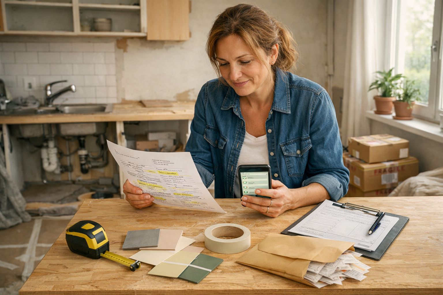 Mulher lendo papel com smartphone na mão, sentada em mesa de trabalho com amostras, fita adesiva e listagem.
