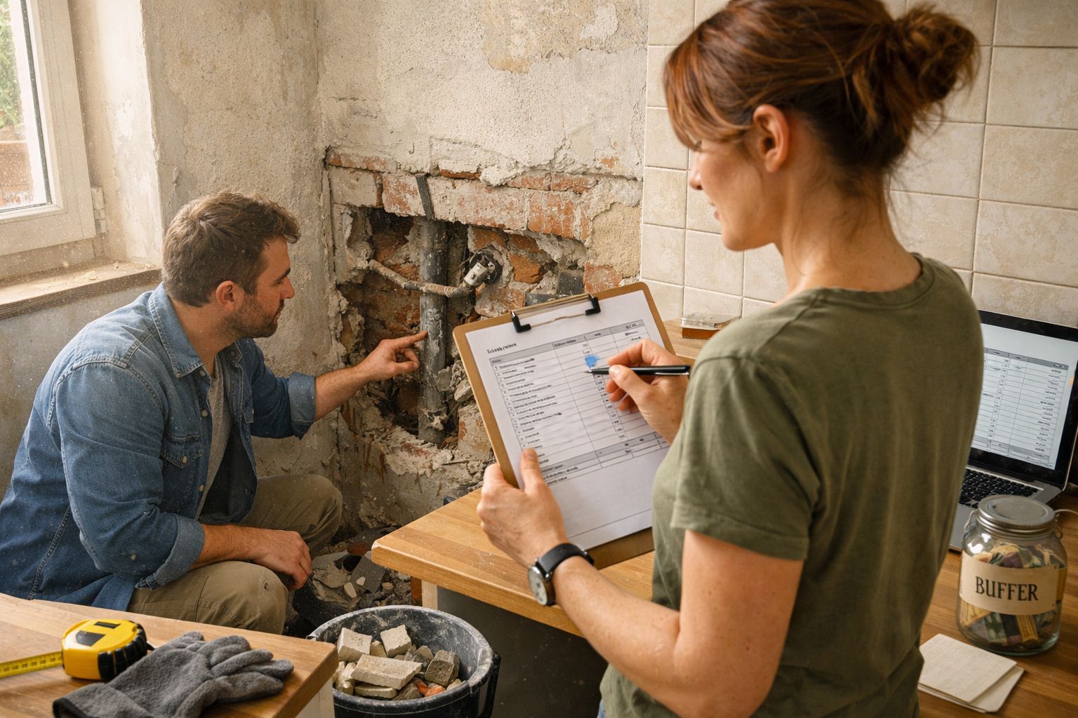 Mulher toma notas enquanto homem analisa uma parede danificada em obra de remodelação de cozinha.