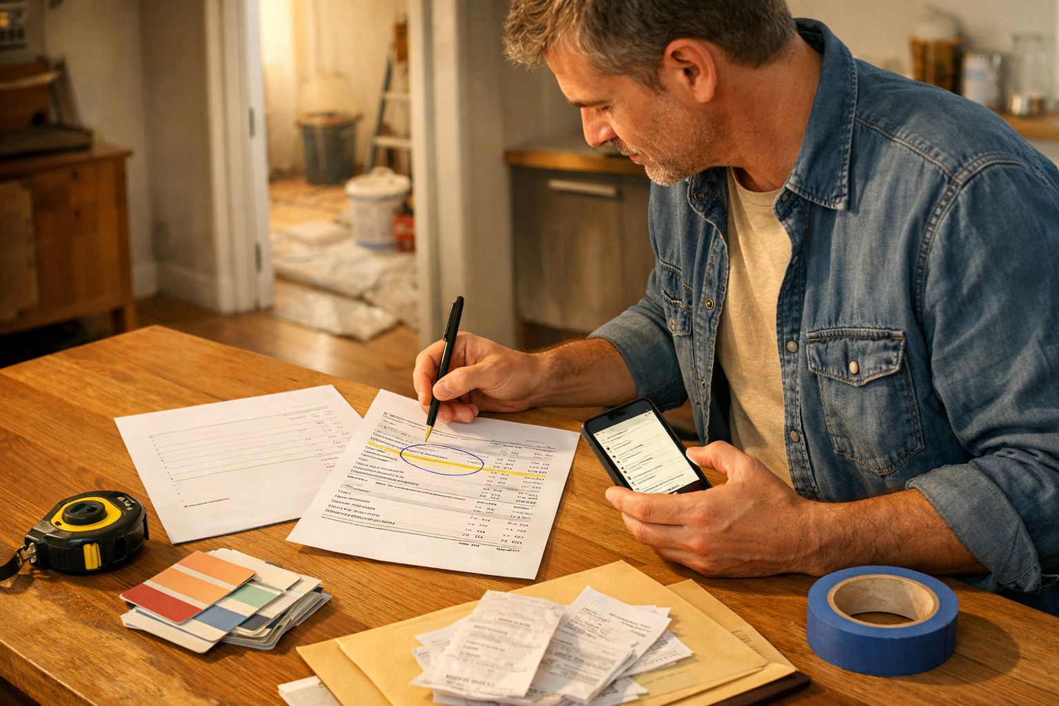 Homem verifica contas com smartphone em mão, sentado à mesa com papéis, fita adesiva e amostras de cores.