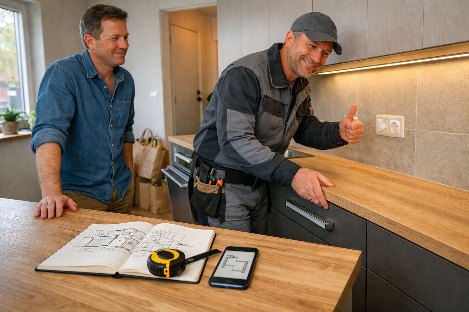 Duas pessoas numa cozinha renovada, uma sorridente e fazendo sinal de positivo, com ferramentas e planta sobre a bancada.