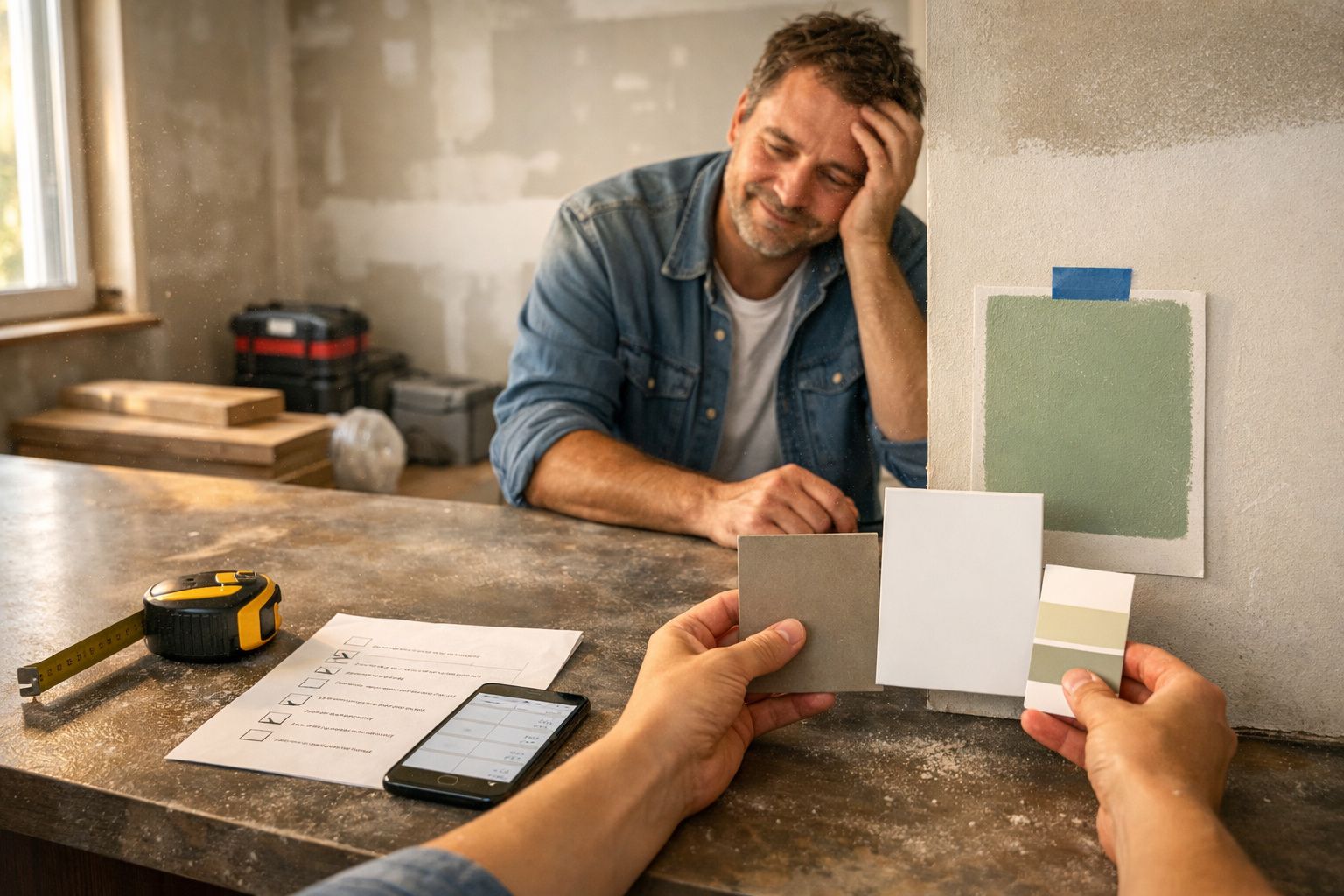 Pessoa escolhendo amostras de cores numa sala em renovação, medidor e lista ao lado. Outra pessoa observa ao fundo.
