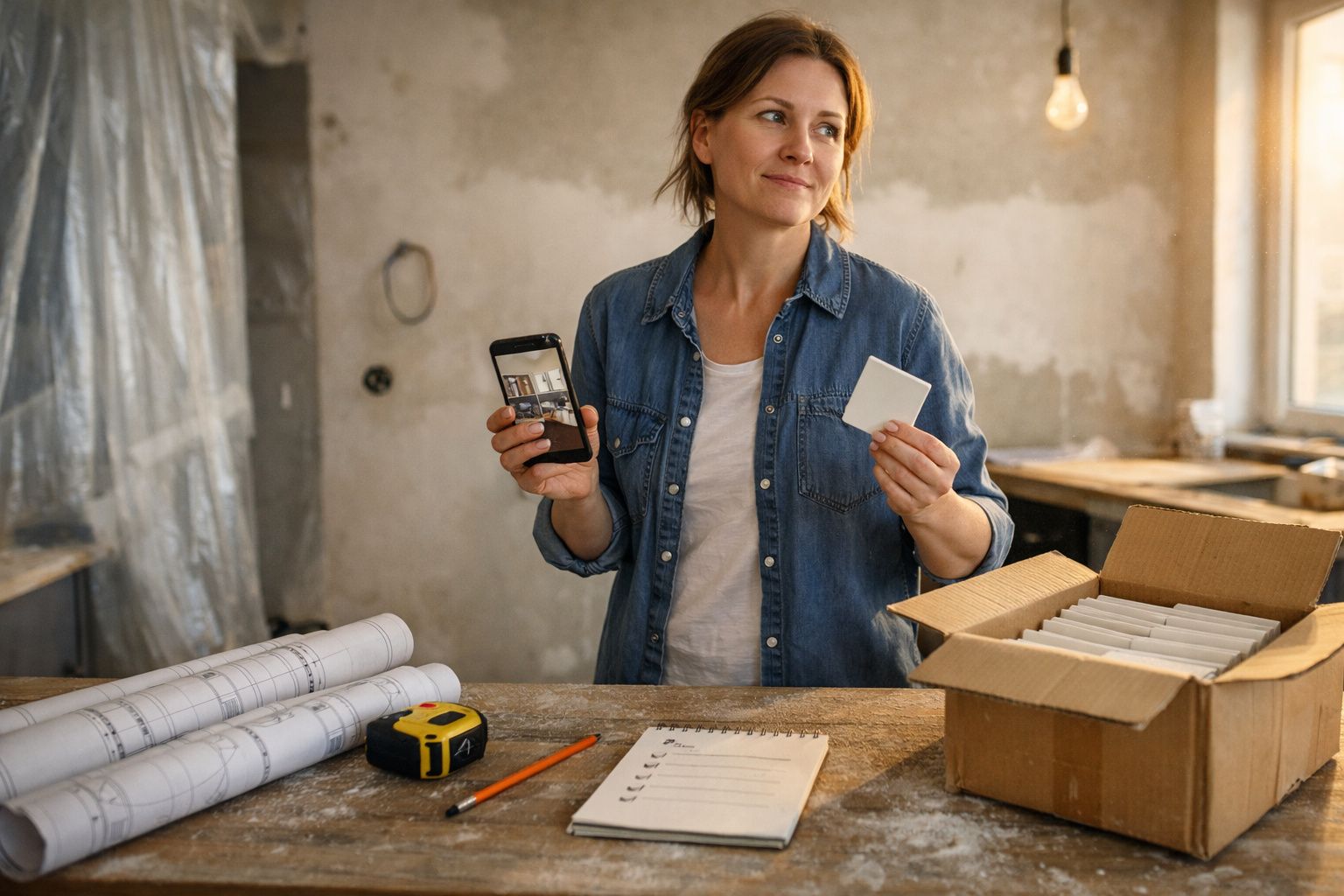 Mulher em camisa de ganga segura telemóvel e amostra de azulejo numa sala em renovação, com ferramentas na mesa.