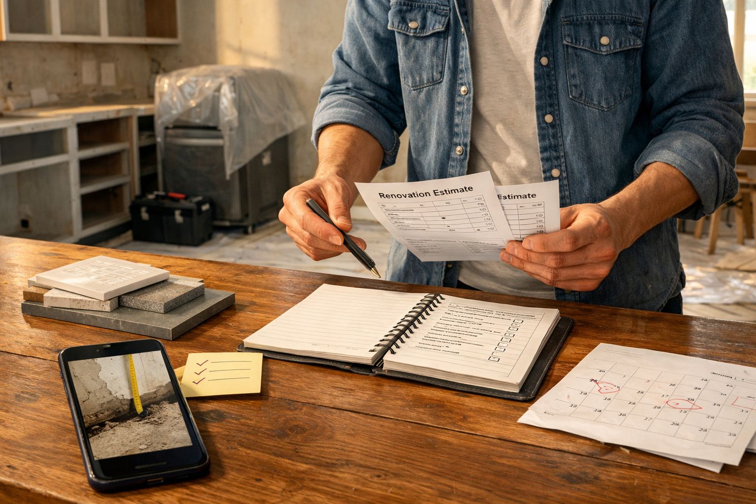 Pessoa revê estimativas de renovação numa mesa com caderno, papéis, telemóvel e calendário marcada.