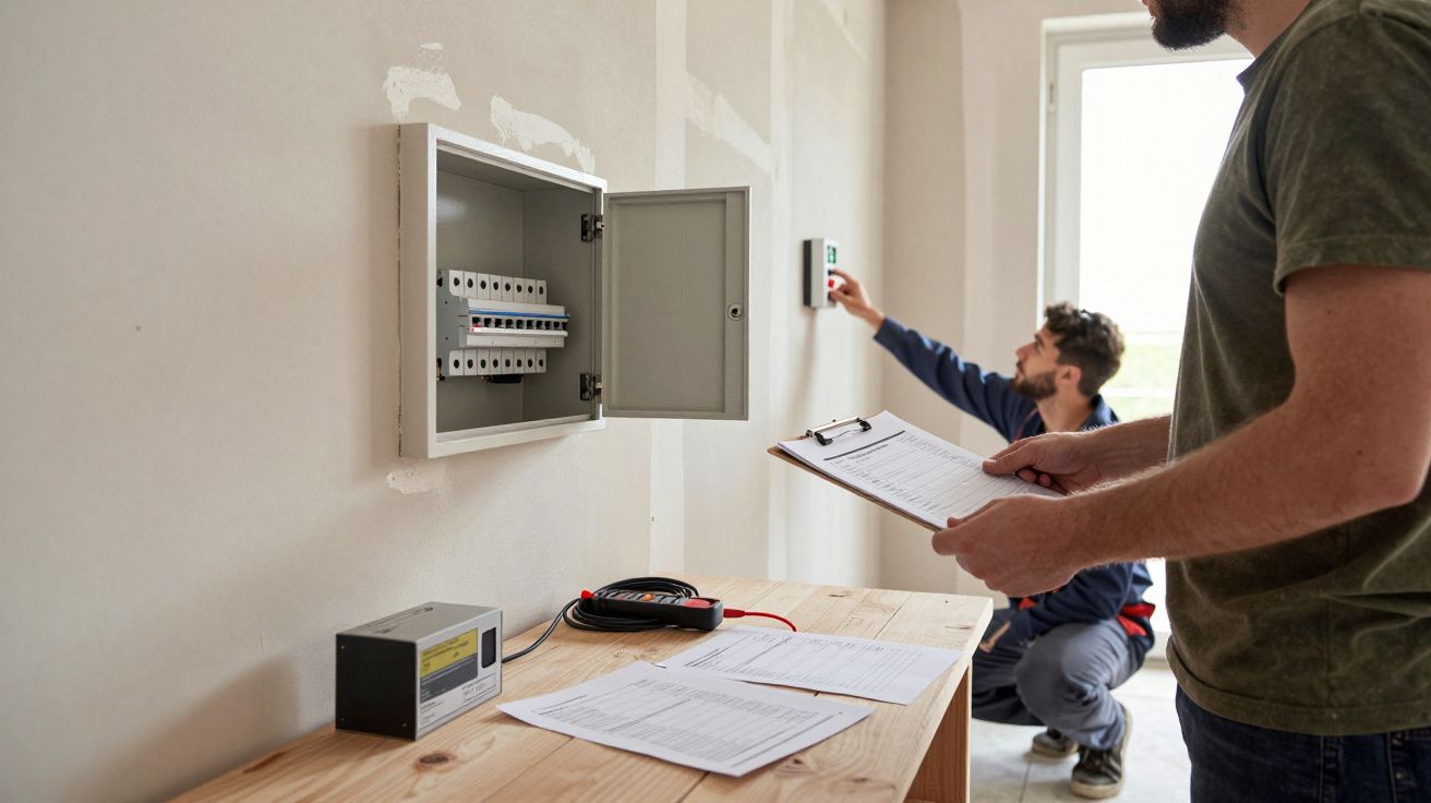 Dois técnicos a inspecionar um quadro elétrico, um segura um bloco de notas, outro ajusta um termóstato na parede.