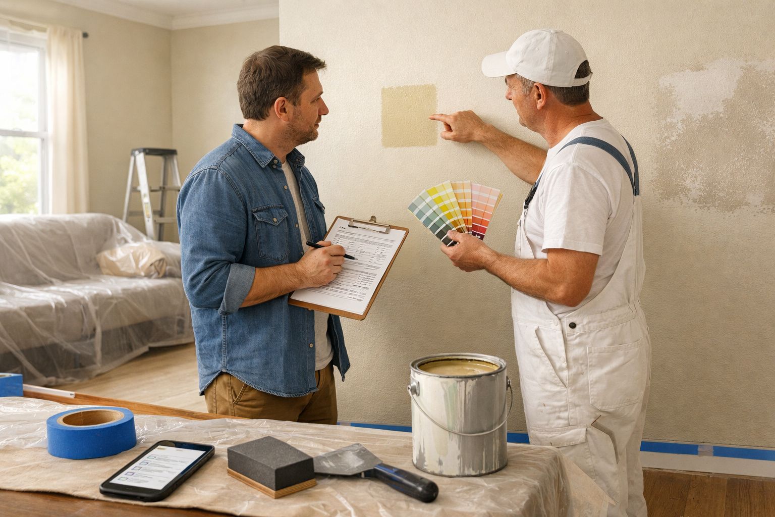 Dois homens discutem cores de tinta numa sala em renovação, com amostras na parede e materiais de pintura ao redor.