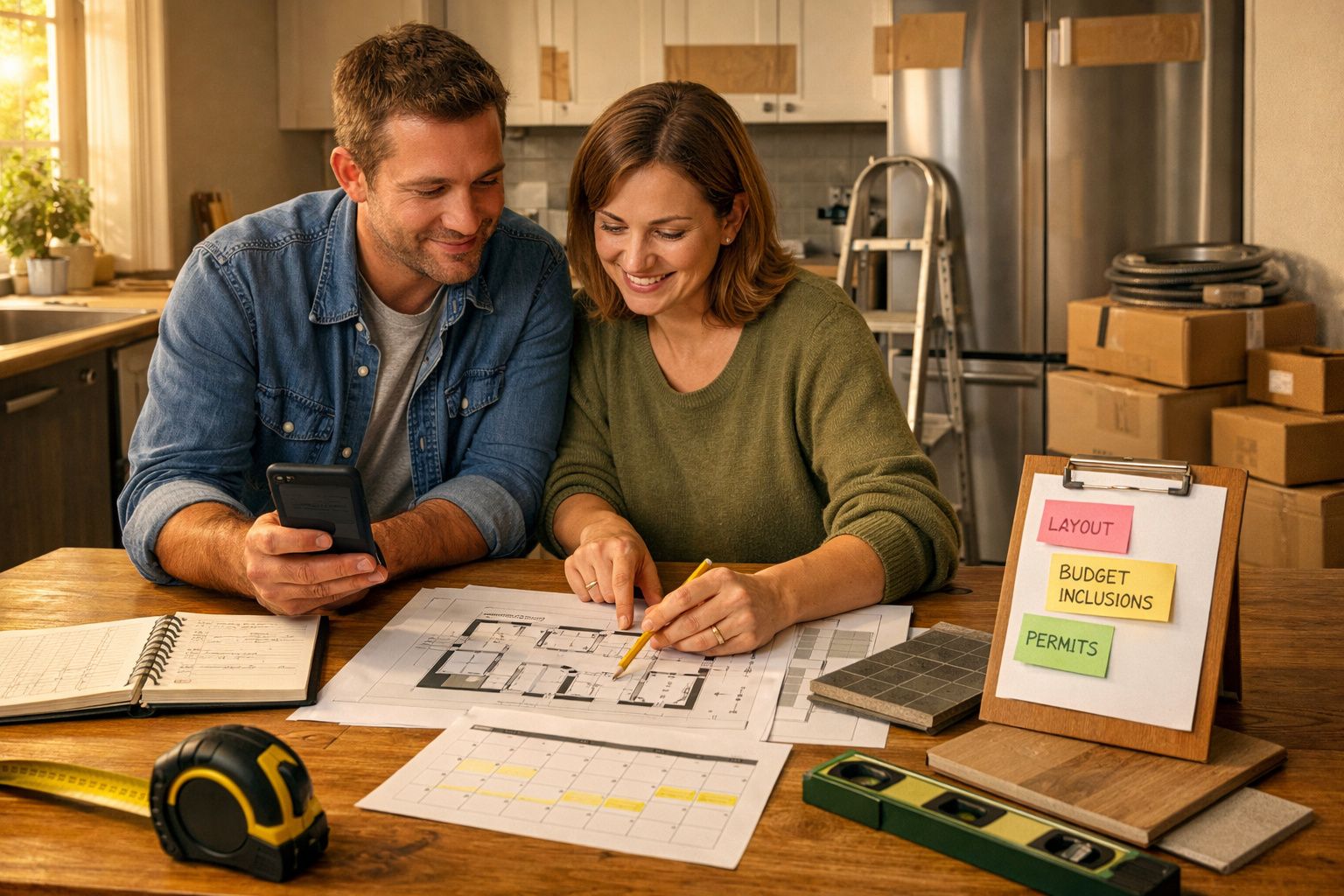 Casal feliz a planear renovação em casa, com plantas e notas adesivas. Ferramentas e caixas no fundo.