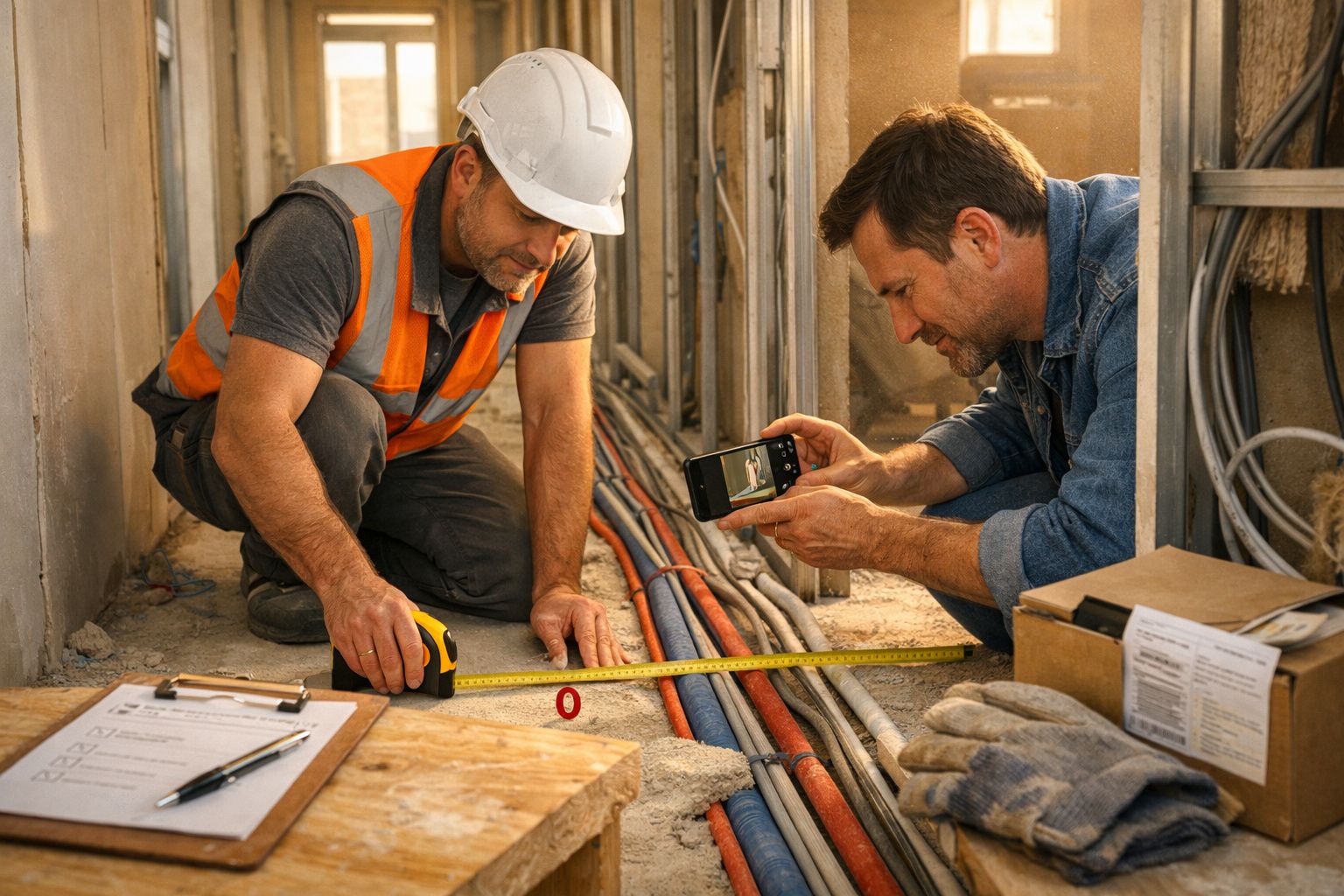 Dois homens medem tubagens numa obra; um segura fita métrica e outro fotografa.