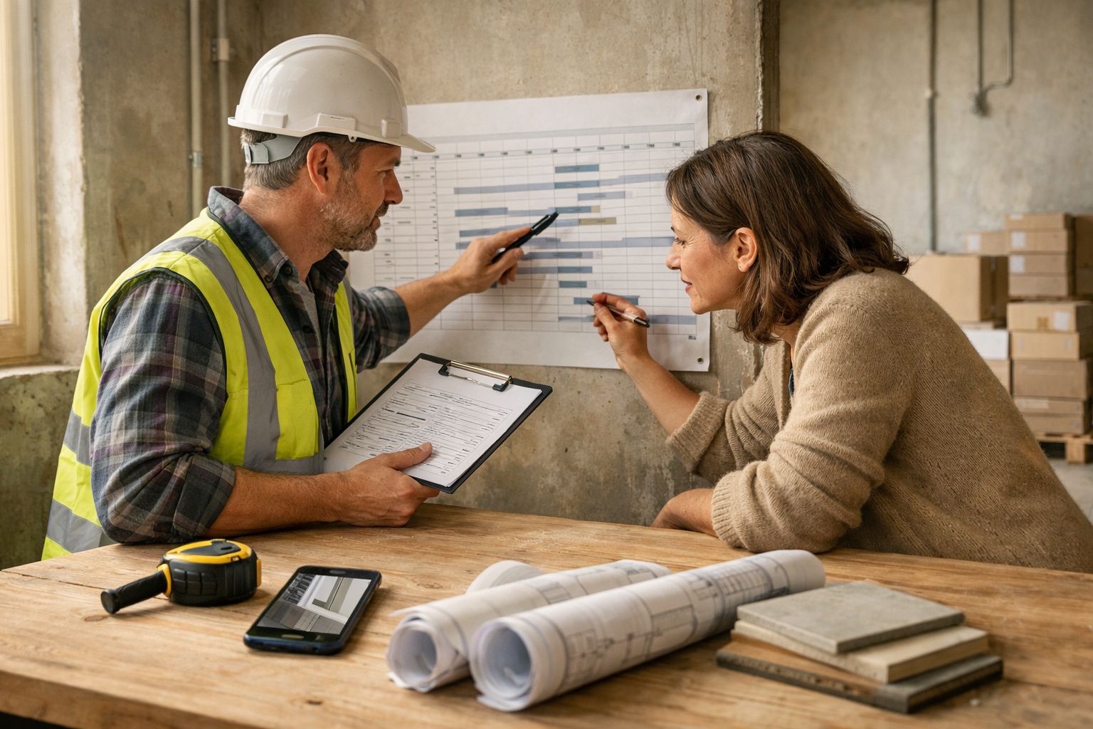 Engenheiro e mulher analisam gráfico na parede em local de construção, com tablet e plantas sobre a mesa.