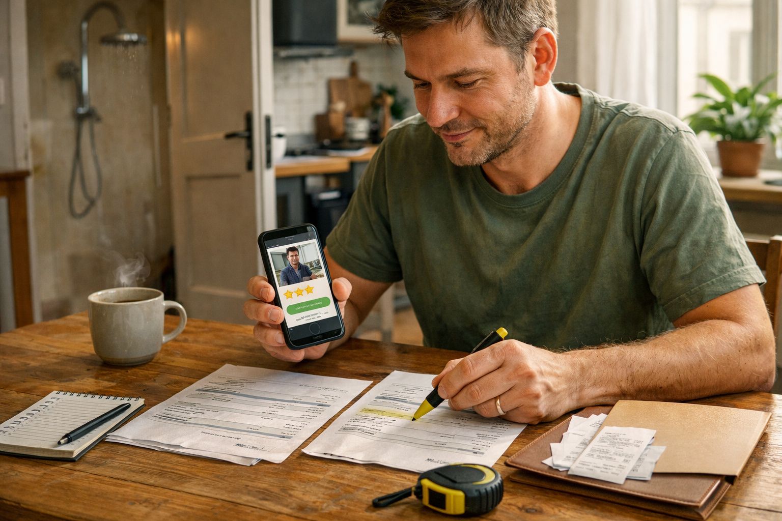 Homem em casa, a analisar documentos e a usar smartphone com aplicação de avaliação, chávena de café ao lado.