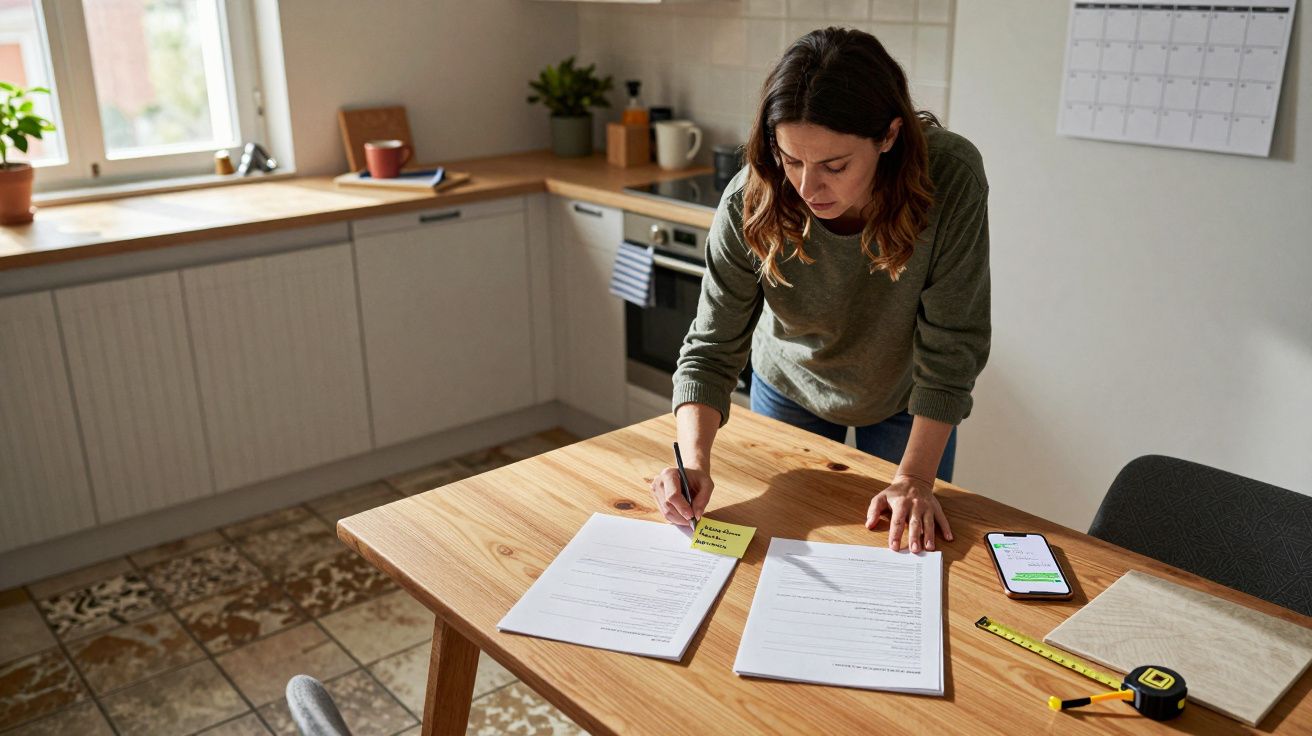 Mulher escreve em documentos na mesa da cozinha. Há um telemóvel, fita métrica e bloco de notas ao lado.