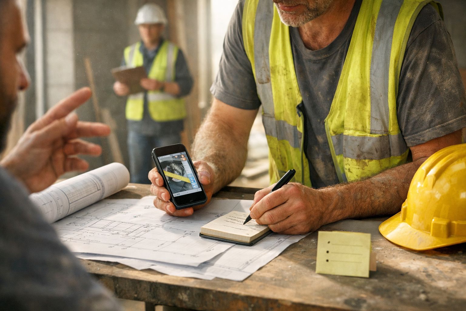 Homens em coletes refletores analisam plantas e discutem detalhes numa obra, usando um telemóvel e a tomar notas.