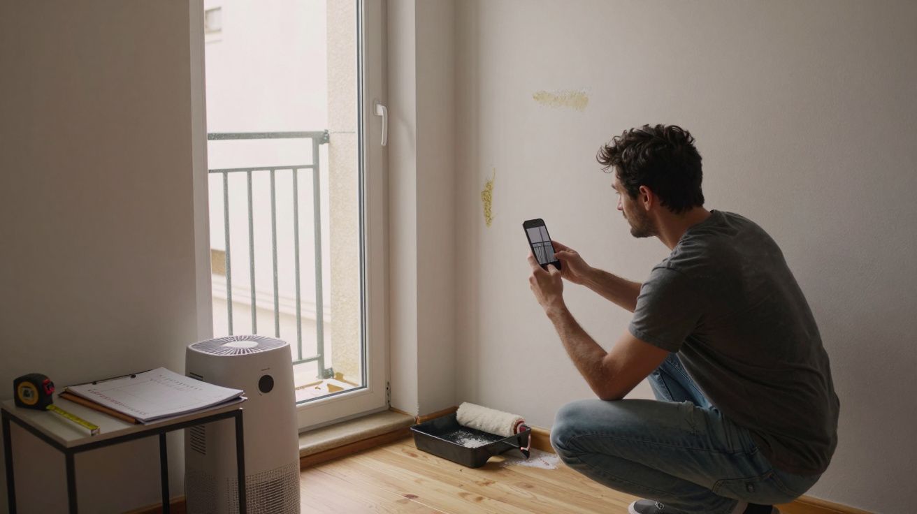 Homem fotografa parede com danos de humidade, perto de porta de vidro. Rolo de pintura e purificador no chão.