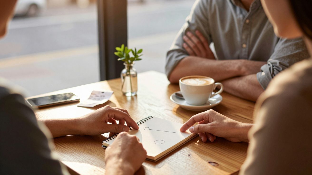 Duas pessoas discutem ideias num caderno numa mesa de café, com uma chávena de café e um smartphone ao lado.