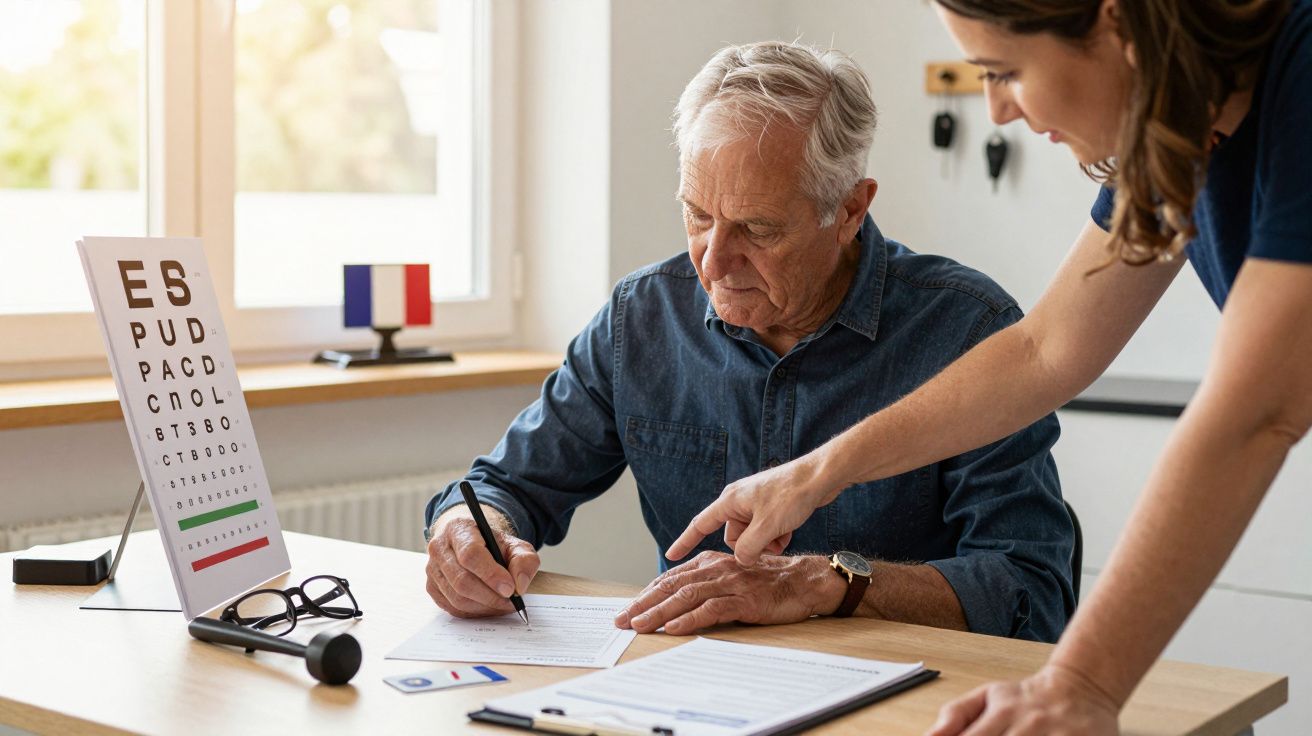 Senhor idoso a preencher um documento enquanto uma mulher aponta; tabela de visão ao lado.