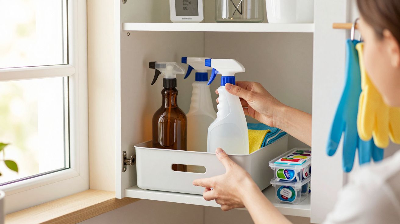 Pessoa organiza produtos de limpeza num armário perto de uma janela, incluindo spray e panos.