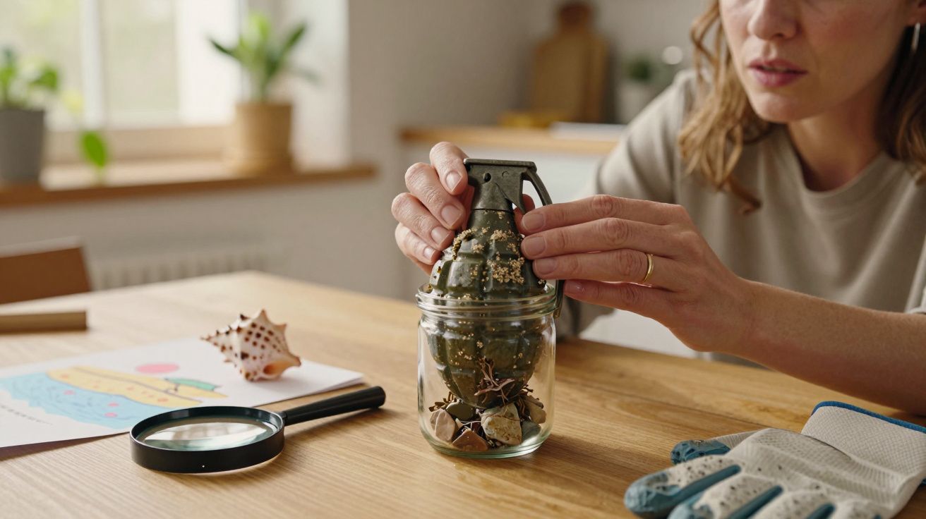 Mulher segura frasco de vidro com uma granada dentro, em cima de mesa com lupa, luvas e concha marinha.