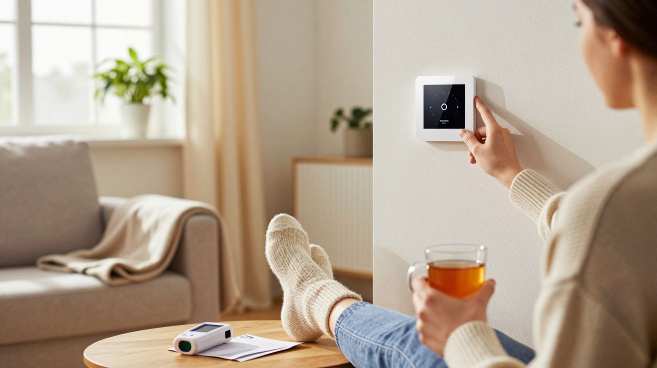 Mulher ajusta termóstato na parede, segurando uma caneca, sentada num sofá, com luz natural entrando pela janela.