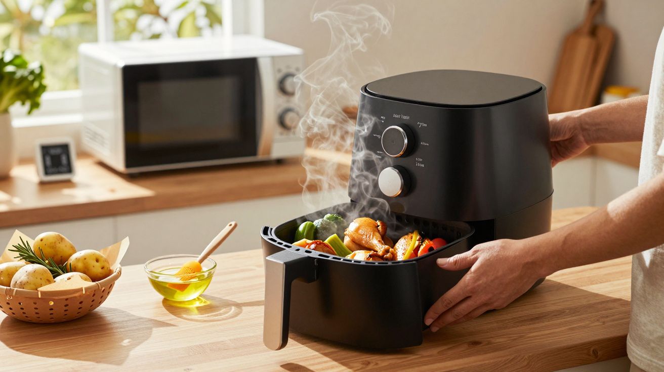 Pessoa abre fritadeira a ar quente com legumes na cozinha iluminada por janela.