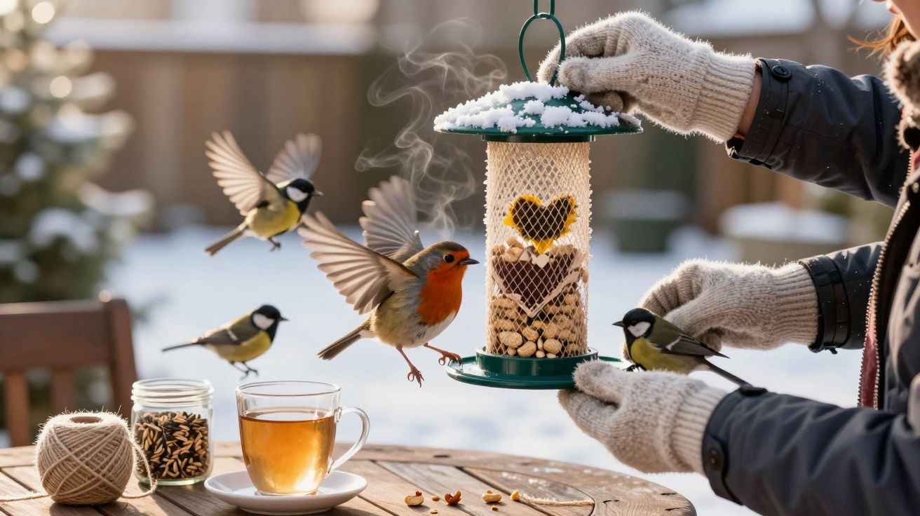 Pássaros alimentam-se em comedouro de inverno, com neve e chá na mesa, mãos de luvas segurando comedouro.
