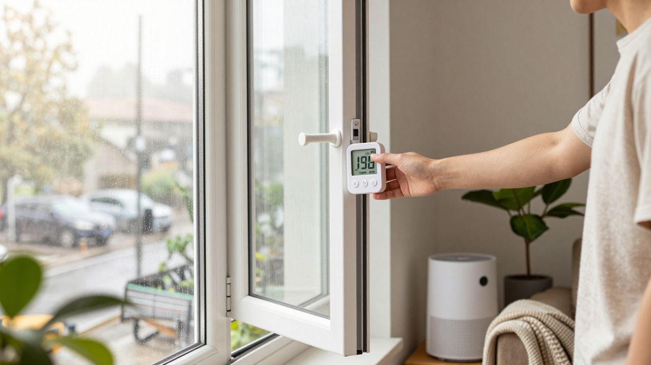 Pessoa a abrir janela com termómetro digital mostrando 19,5°C, interior aconchegante com plantas e purificador de ar.