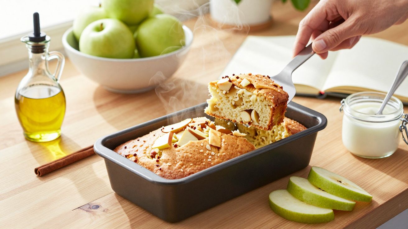 Bolo de maçã recém-saído do forno em forma retangular. Mão segurando fatia, com maçãs verdes ao fundo.