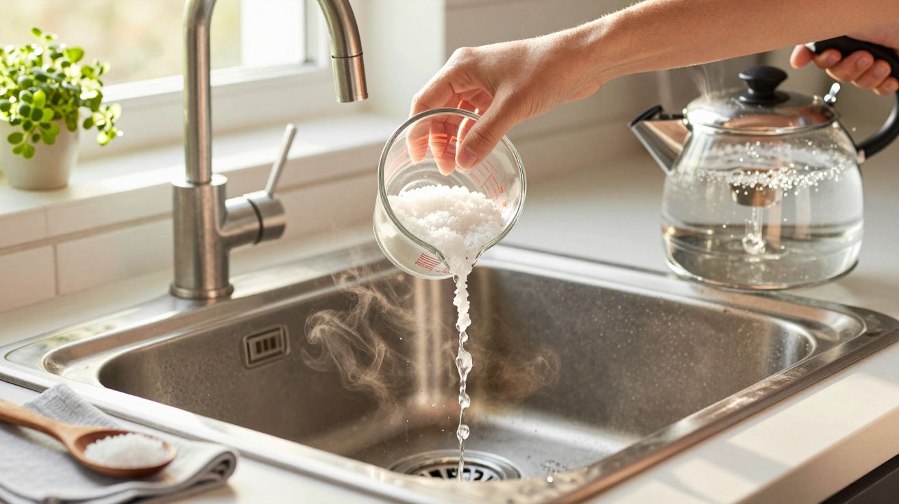 Pessoa a deitar sal e água quente no lava-loiça, com chaleira e planta ao fundo.