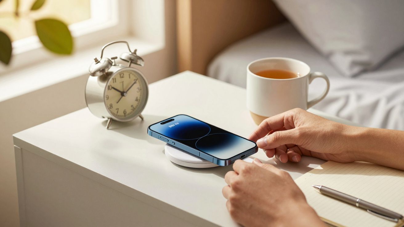 Pessoa a carregar um telemóvel sem fios numa mesa com chávena, despertador e bloco de notas ao lado.