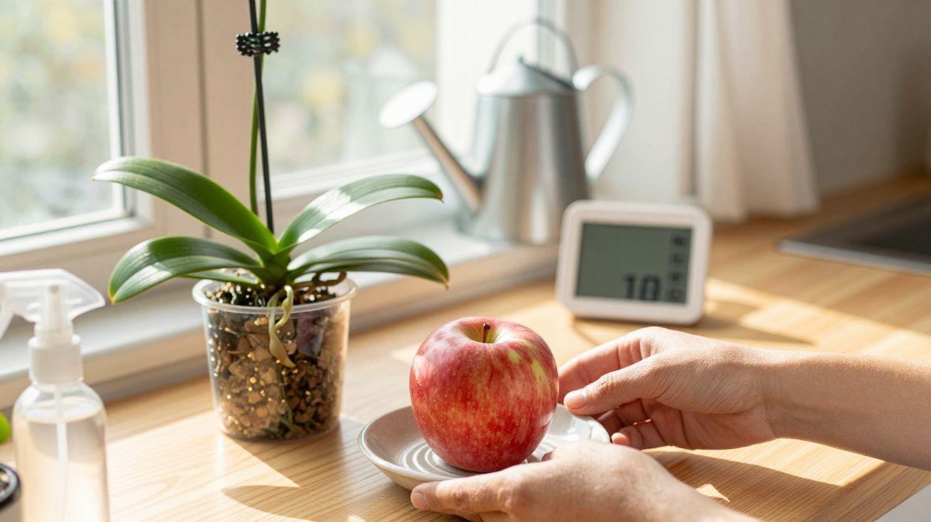 Mãos colocam uma maçã num prato junto a uma planta em vaso, regador e relógio, sobre uma bancada iluminada.