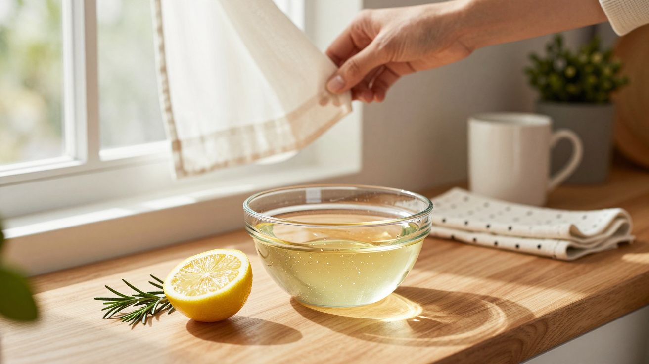 Mão abrindo cortina, tigela de água com limão e alecrim, chávena ao fundo, luz natural na bancada de madeira.