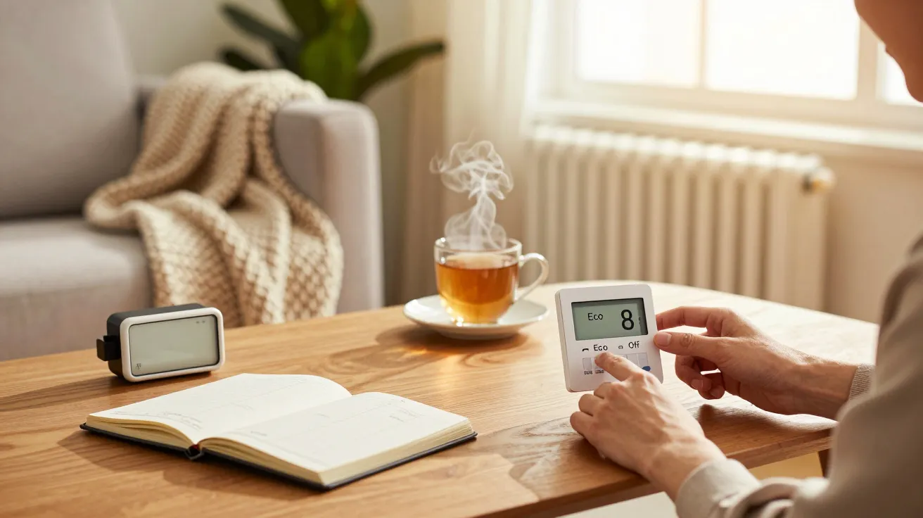 Pessoa ajusta termóstato numa sala com uma chávena de chá, bloco de notas e cobertor em fundo.