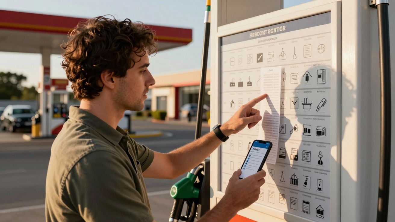 Homem usando o telemóvel e consultando um painel informativo numa bomba de combustível.