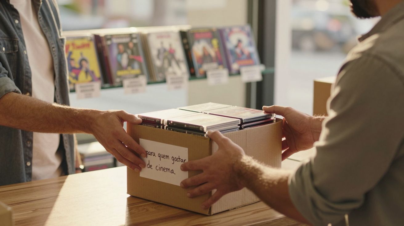 Duas pessoas trocam uma caixa de DVDs sobre um balcão, com DVDs em exposição ao fundo.