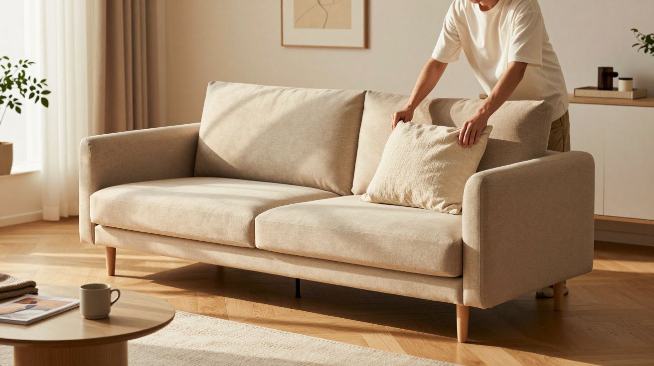 Pessoa ajeita almofada em sofá bege numa sala iluminada, com mesa redonda e planta ao fundo.