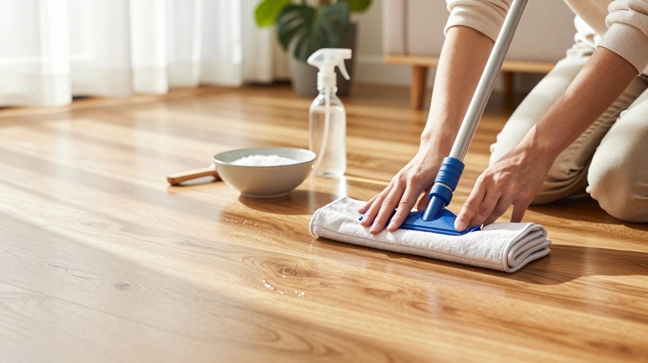 Pessoa a limpar o chão de madeira com esfregona, ao lado de uma tigela e spray de limpeza.