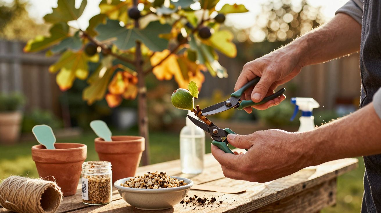 Pessoa a podar um ramo de figueira num jardim, com utensílios de jardinagem sobre uma mesa de madeira.