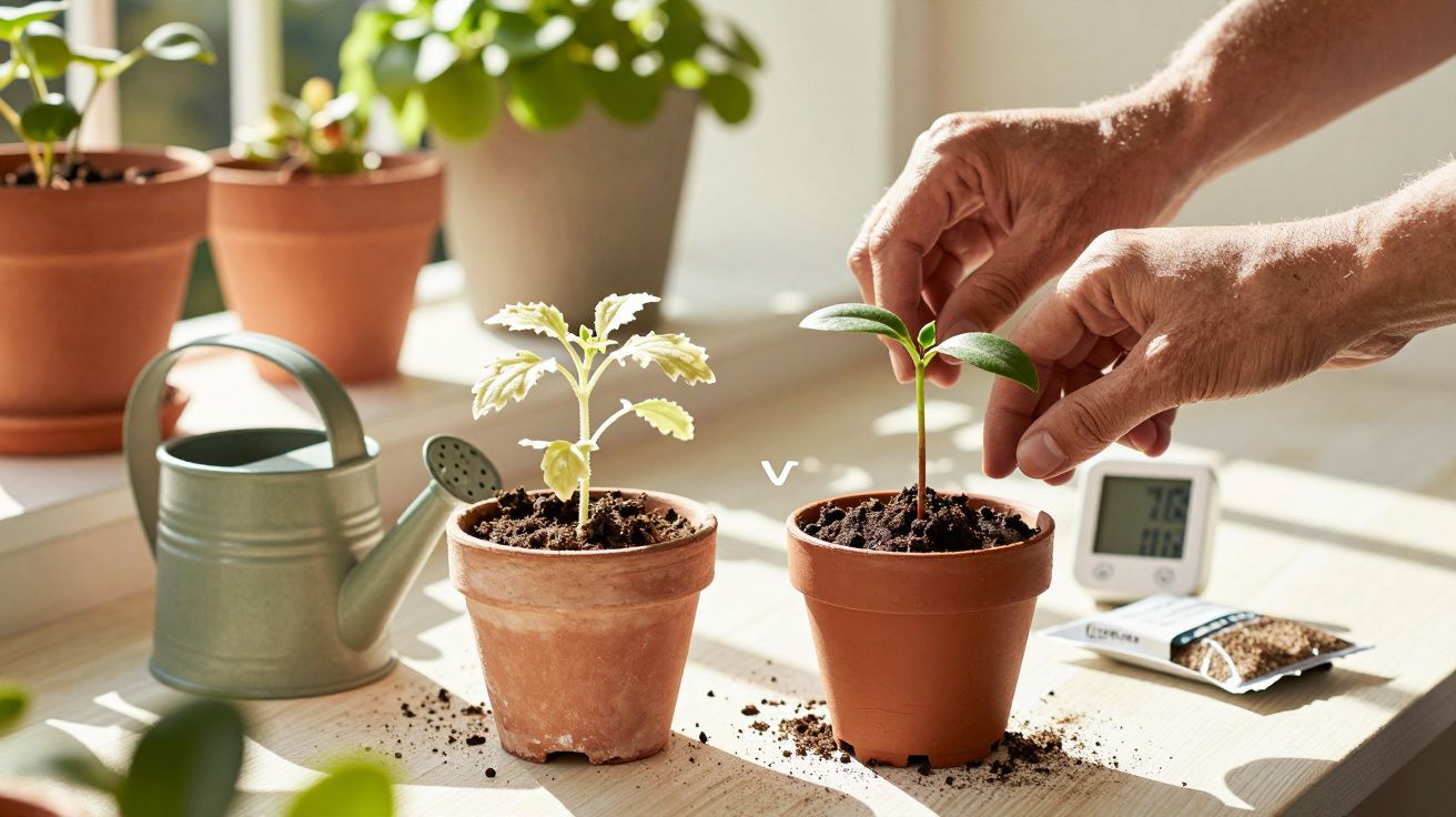 Mãos plantando mudas em vasos de barro com regador e termómetro próximo numa mesa iluminada pelo sol.