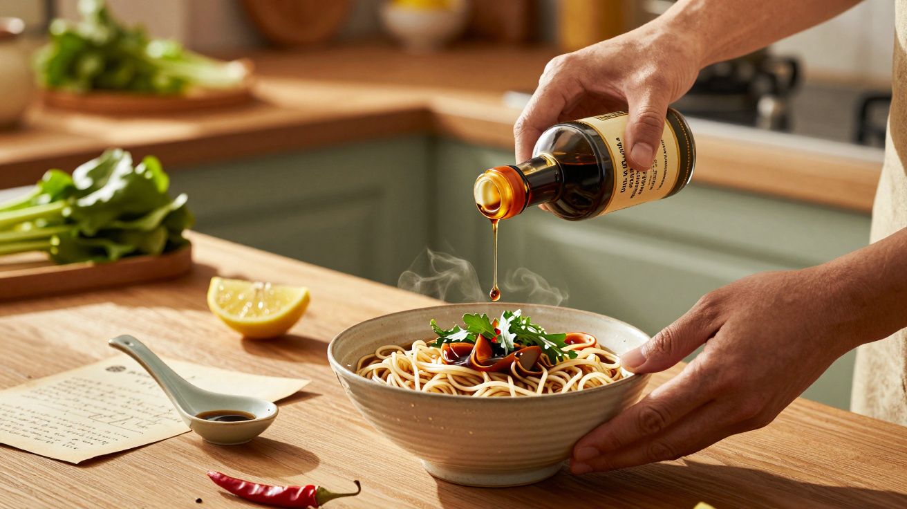 Pessoa a adicionar molho de soja a um prato de noodles numa cozinha.