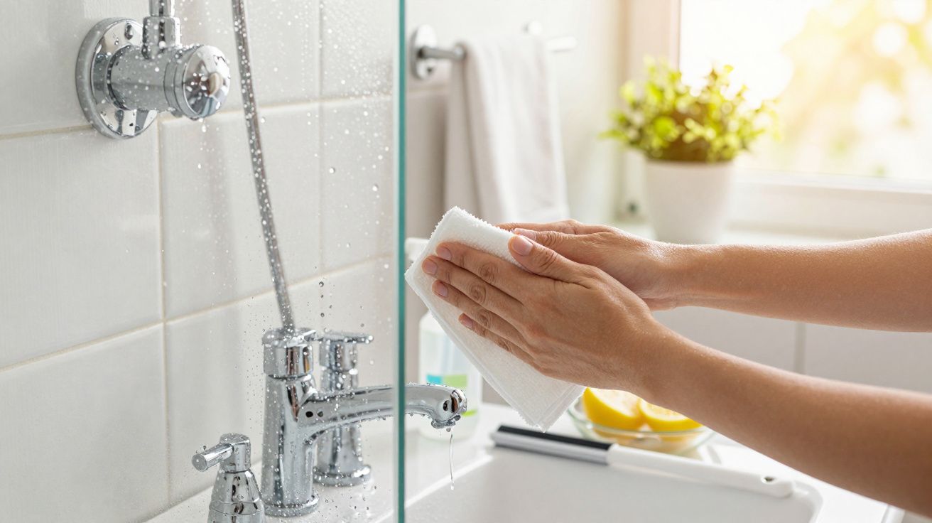 Pessoa a limpar torneira de casa de banho com pano branco, reflexo no espelho e plantas ao fundo.