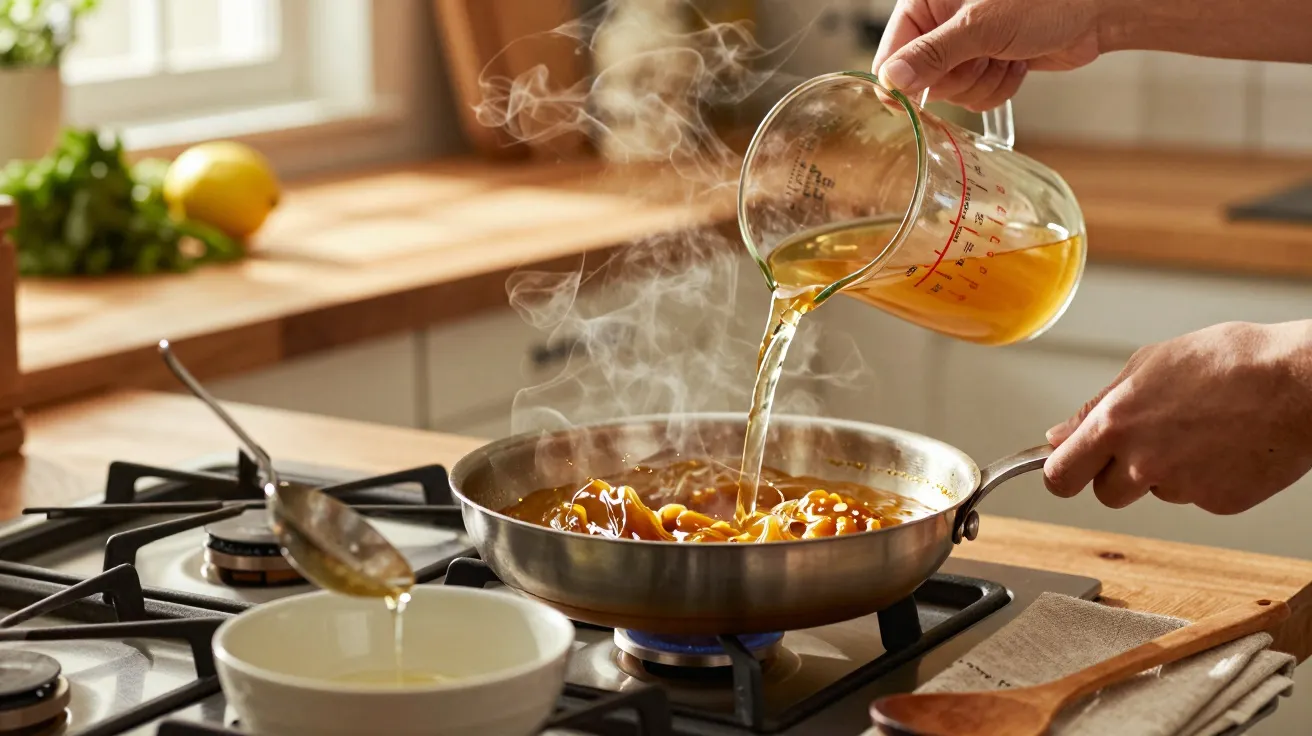 Pessoa a verter caldo numa frigideira em lume aceso numa cozinha iluminada pelo sol.