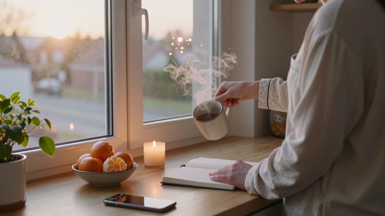 Pessoa a segurar caneca de chá quente junto à janela, com livro aberto, vela acesa, fruteira e telemóvel na mesa.
