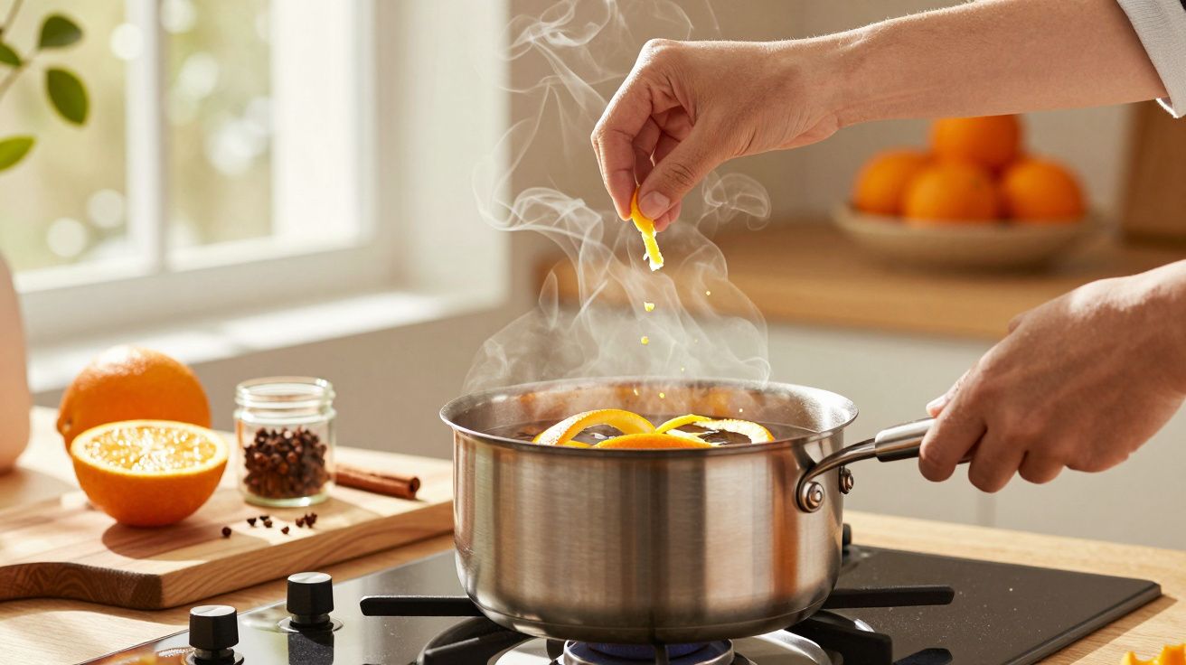 Mão acrescenta casca de laranja a uma panela a ferver com rodelas de laranja, sobre fogão numa cozinha iluminada.