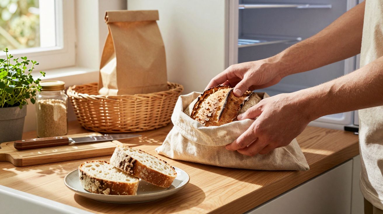 Pessoa guarda fatias de pão integral num saco de pano, numa cozinha com janela e plantas.