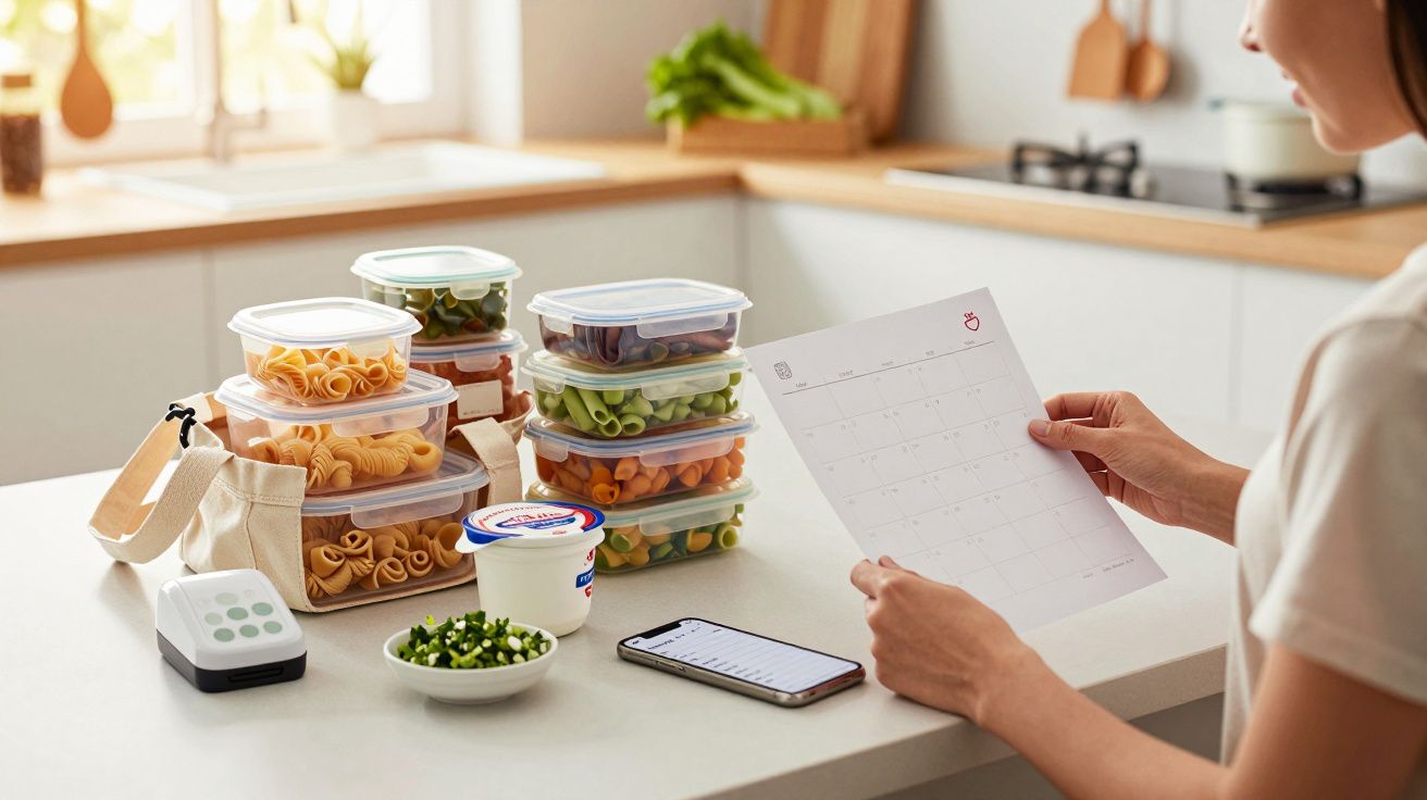 Mulher na cozinha a planear refeições com caixas de comida e lista, ao lado de um telemóvel e iogurte.