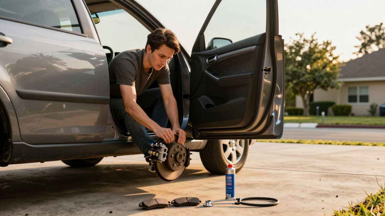 Homem trocando travões de um carro estacionado na garagem, com ferramentas e materiais no chão ao lado.