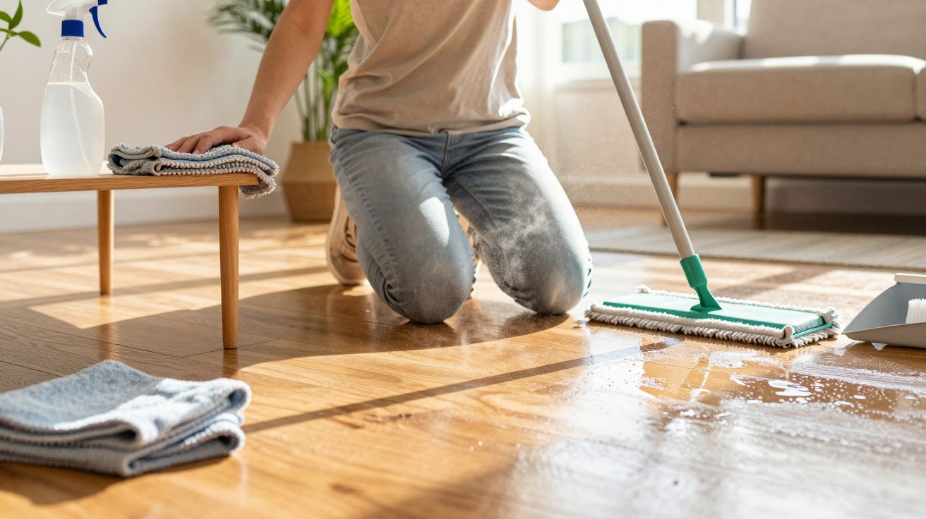 Pessoa a limpar chão de madeira com esfregona, spray e panos, sala de estar iluminada ao fundo.